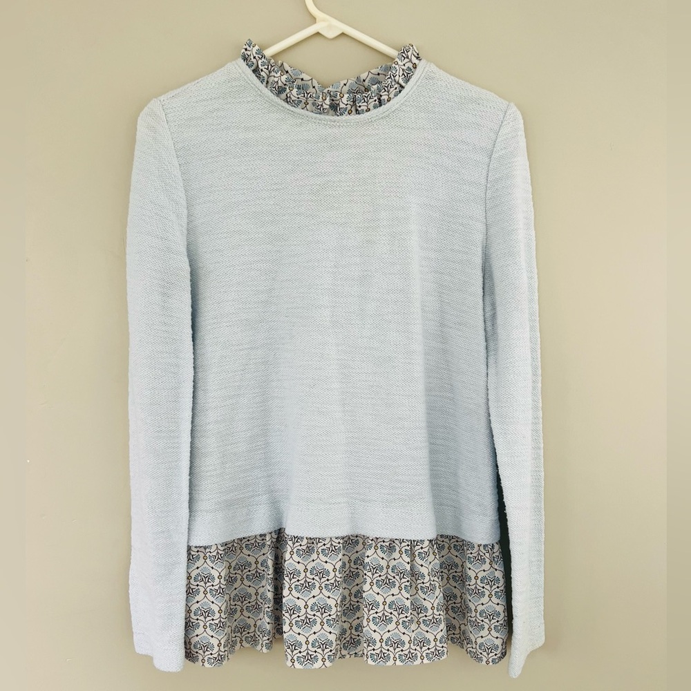 LOFT Pale Blue Knit Top with Printed Ruffle Trim